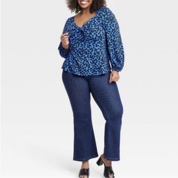 Ava & Viv Blue Polka Dot Long Sleeve Knot Front Blouse - Picture 3 of 10